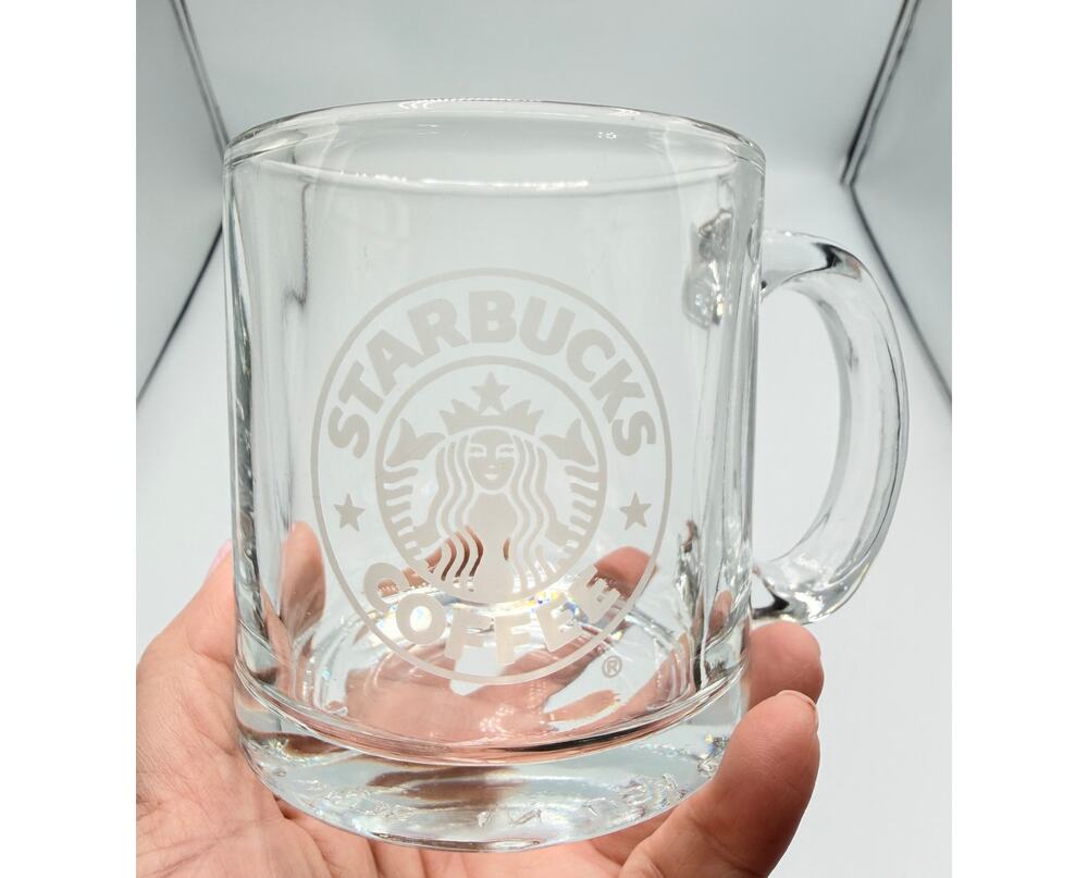 2005 Starbucks Clear Glass Etched Mermaid Light Grey Logo 12oz Coffee Mug Cup